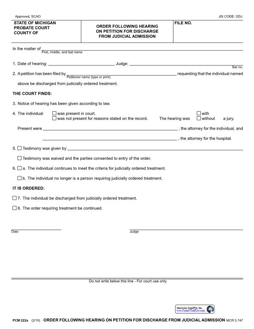 Order Following Hearing On Petition For Discharge Fron Judicial Admission {PCM 222a} | Pdf Fpdf Docx | Michigan