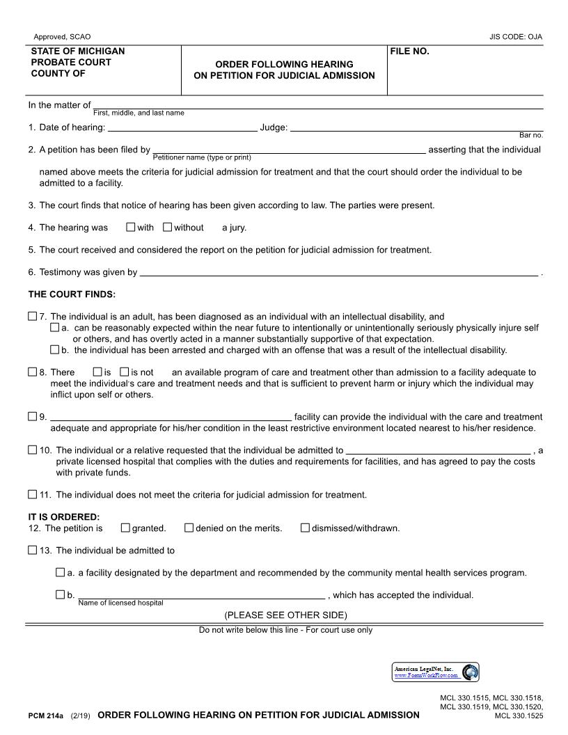 Order Following Hearing On Petition For Judicial Admission {PCM 214a} | Pdf Fpdf Docx | Michigan