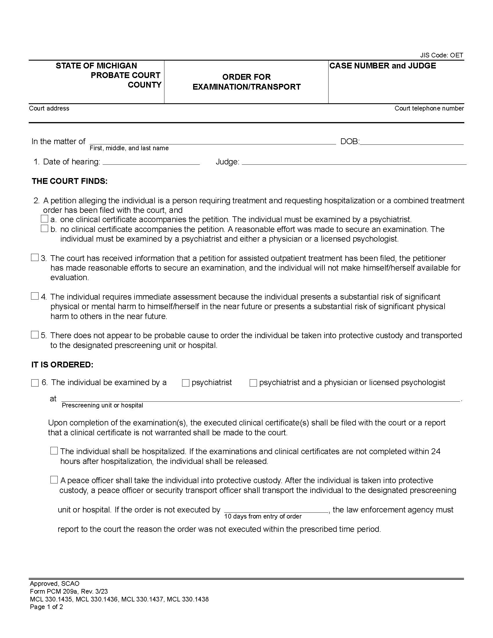 Order For Examination Transport {PCM 209a} | Pdf Fpdf Docx | Michigan