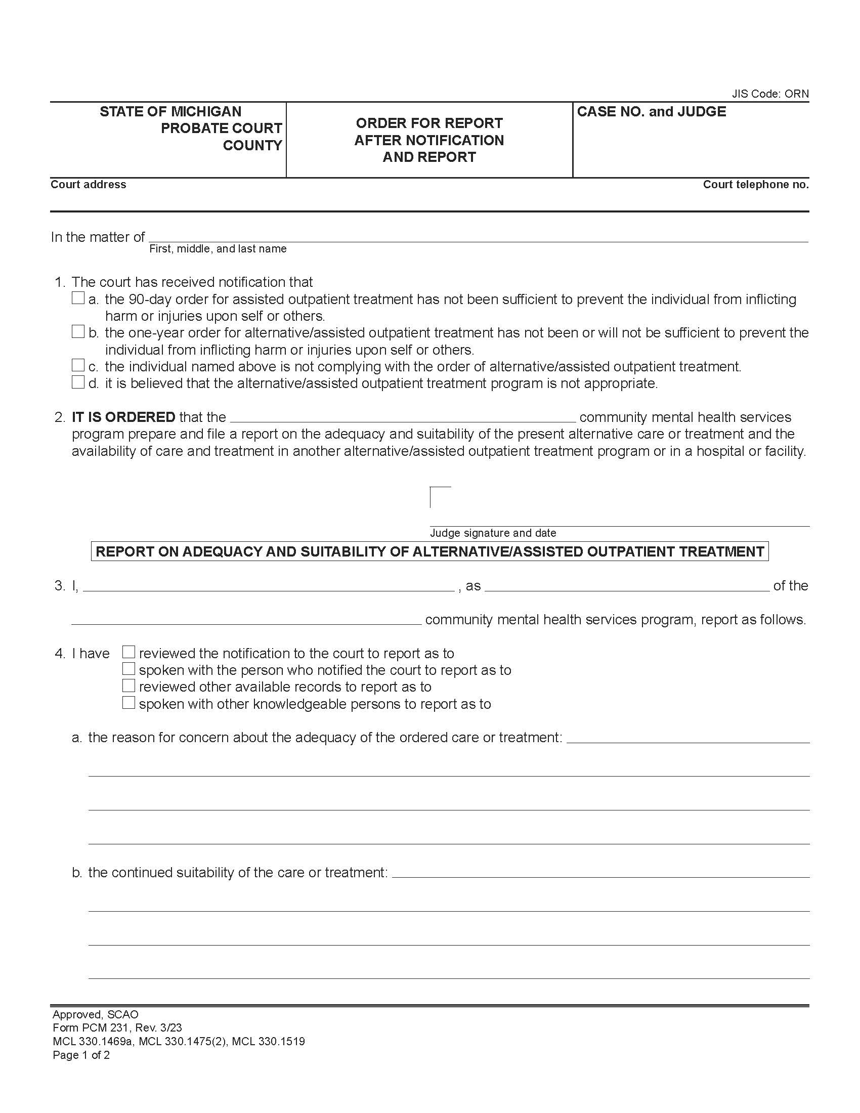 Order For Report After Notification And Report {PCM 231} | Pdf Fpdf Docx | Michigan