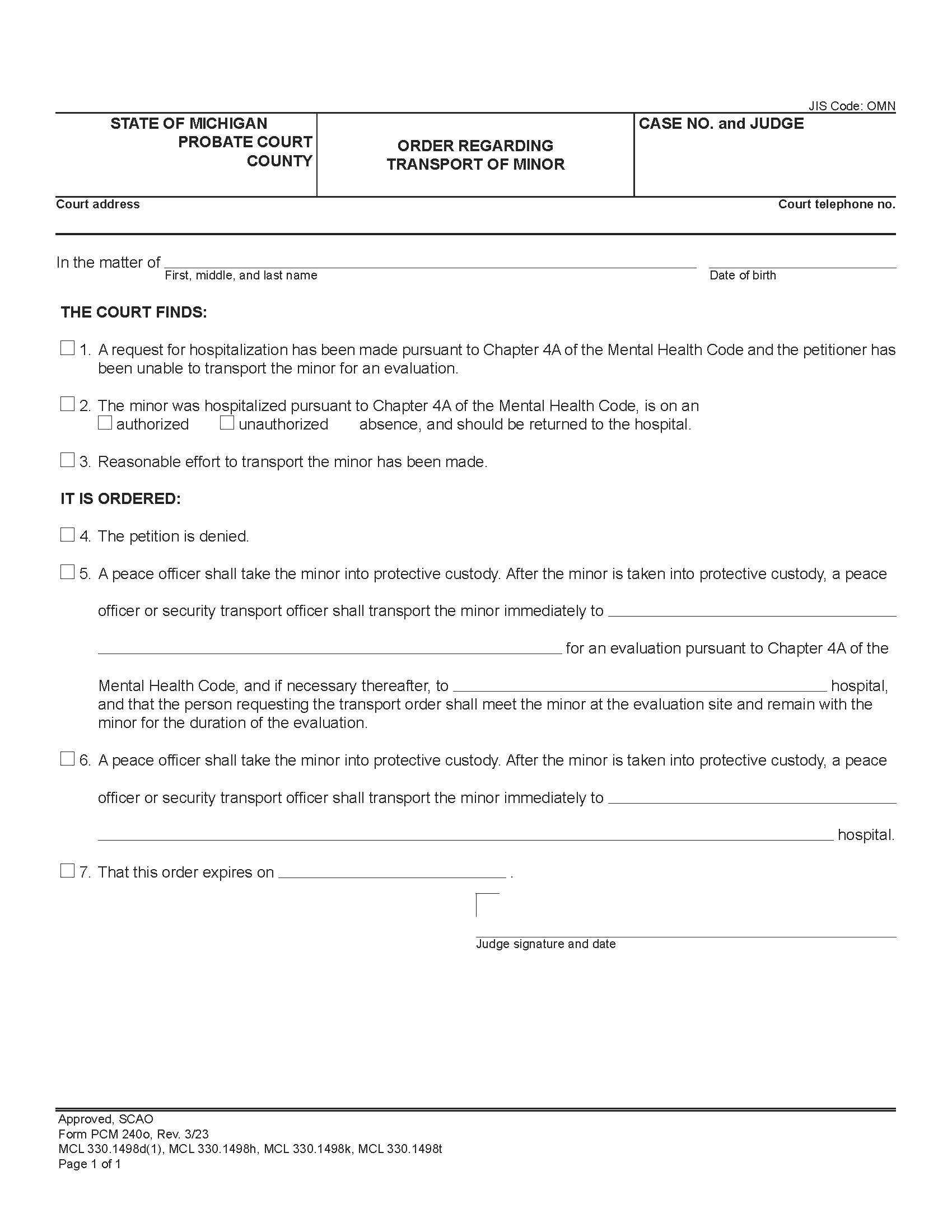 Order Regarding Transport Of Minor {PCM 240o} | Pdf Fpdf Docx | Michigan