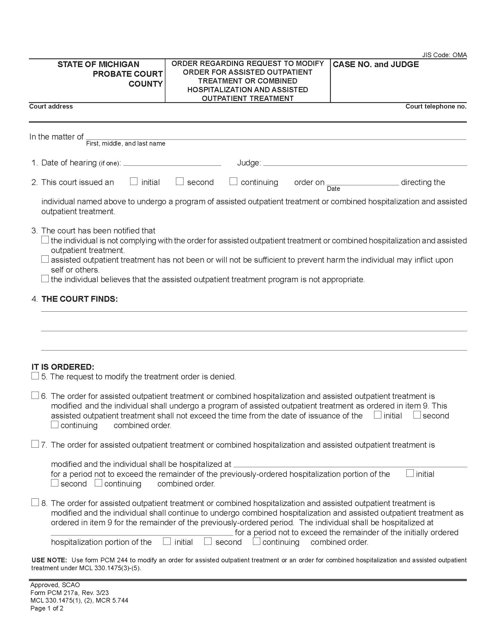 Order To Modify Order For Assisted Outpatient Treatment {PCM 217a} | Pdf Fpdf Docx | Michigan