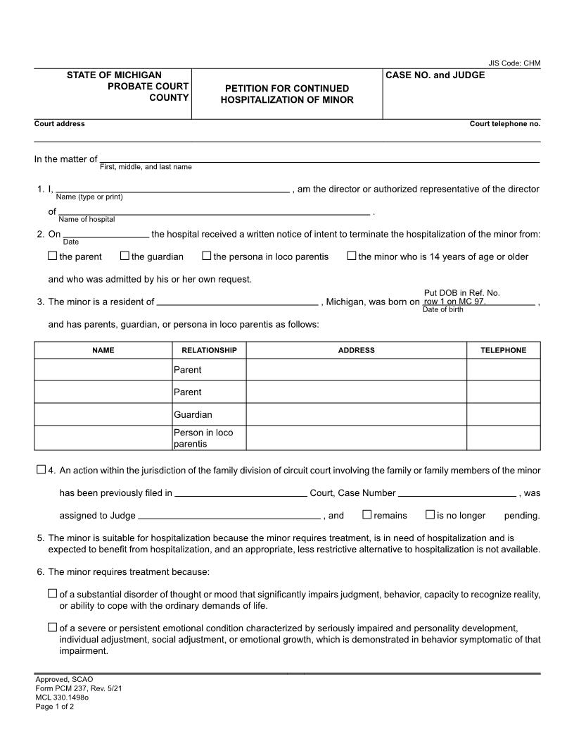 Petition For Continued Hospitalization of Minor {PCM 237} | Pdf Fpdf Doc Docx | Michigan