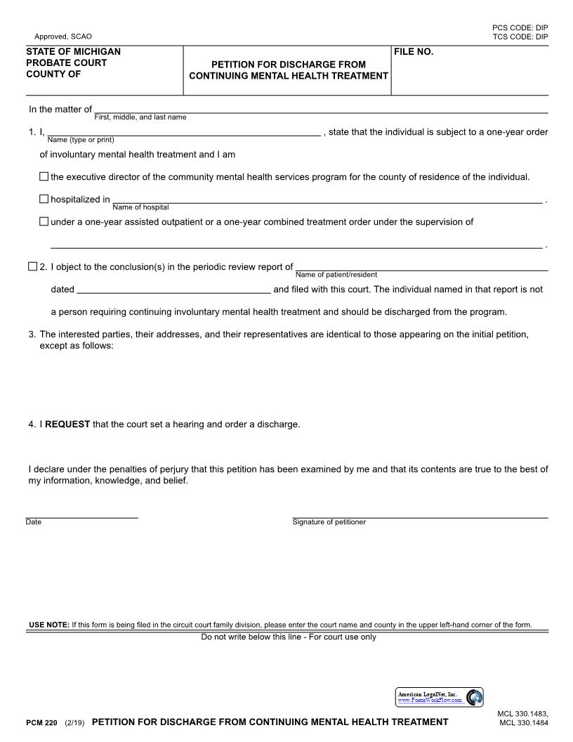 Petition For Discharge From Continuing Treatment {PCM 220} | Pdf Fpdf Docx | Michigan