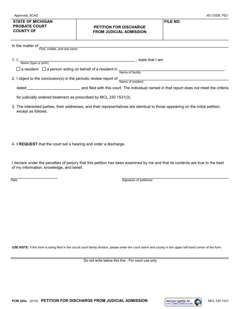 Petition For Discharge From Judicial Admission {PCM 220a} | Pdf Fpdf Docx | Michigan