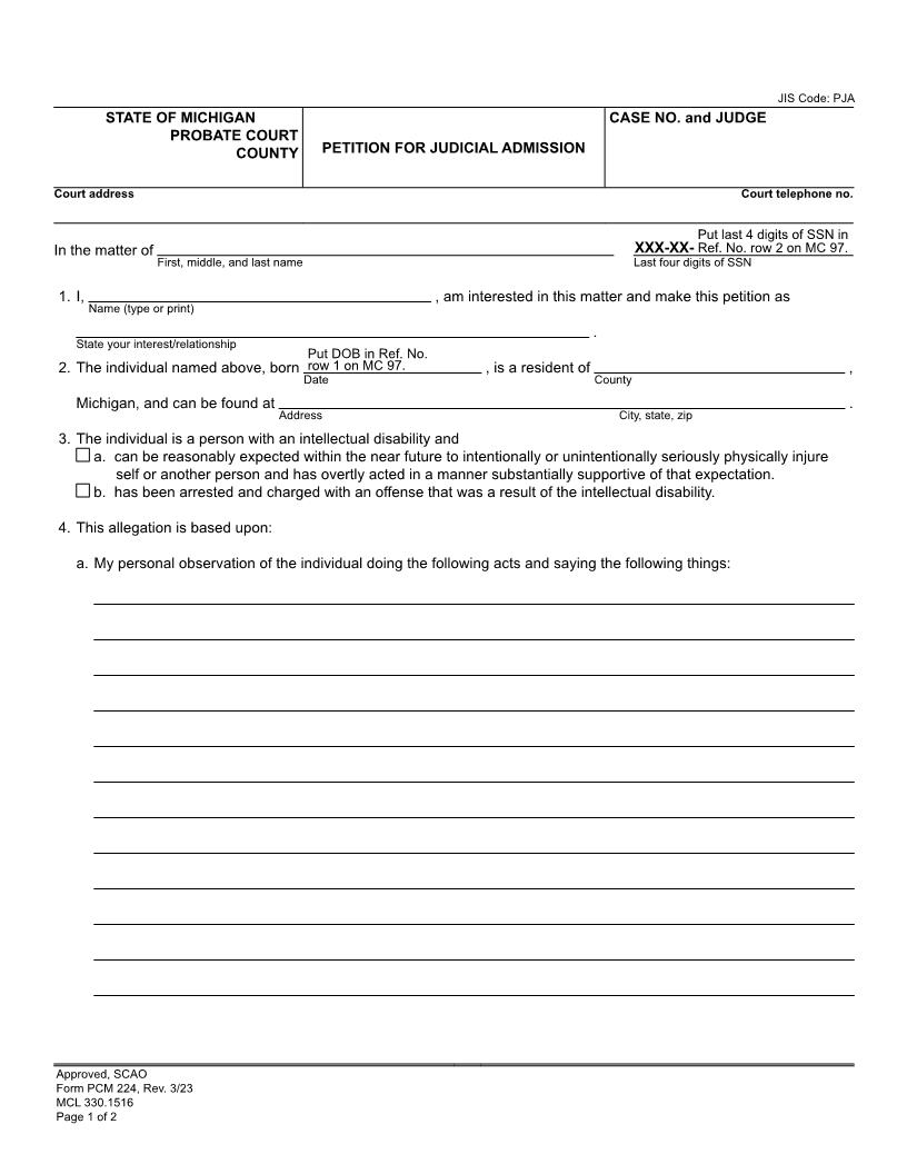 Petition For Judicial Admission {PCM 224} | Pdf Fpdf Docx | Michigan