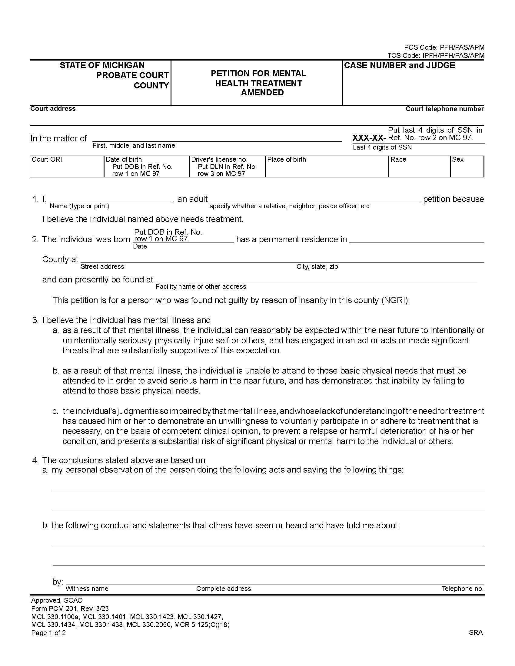 Petition For Mental Health Treatment {PCM 201} | Pdf Fpdf Docx | Michigan