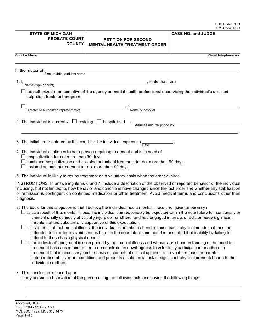 Petition For Second Or Continuing Treatment Order {PCM 218} | Pdf Fpdf Docx | Michigan