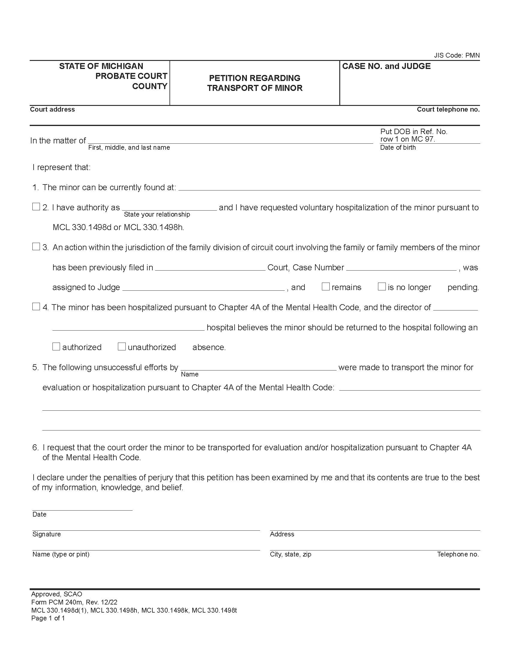 Petition Regarding Transport Of Minor {PCM 240m} | Pdf Fpdf Docx | Michigan