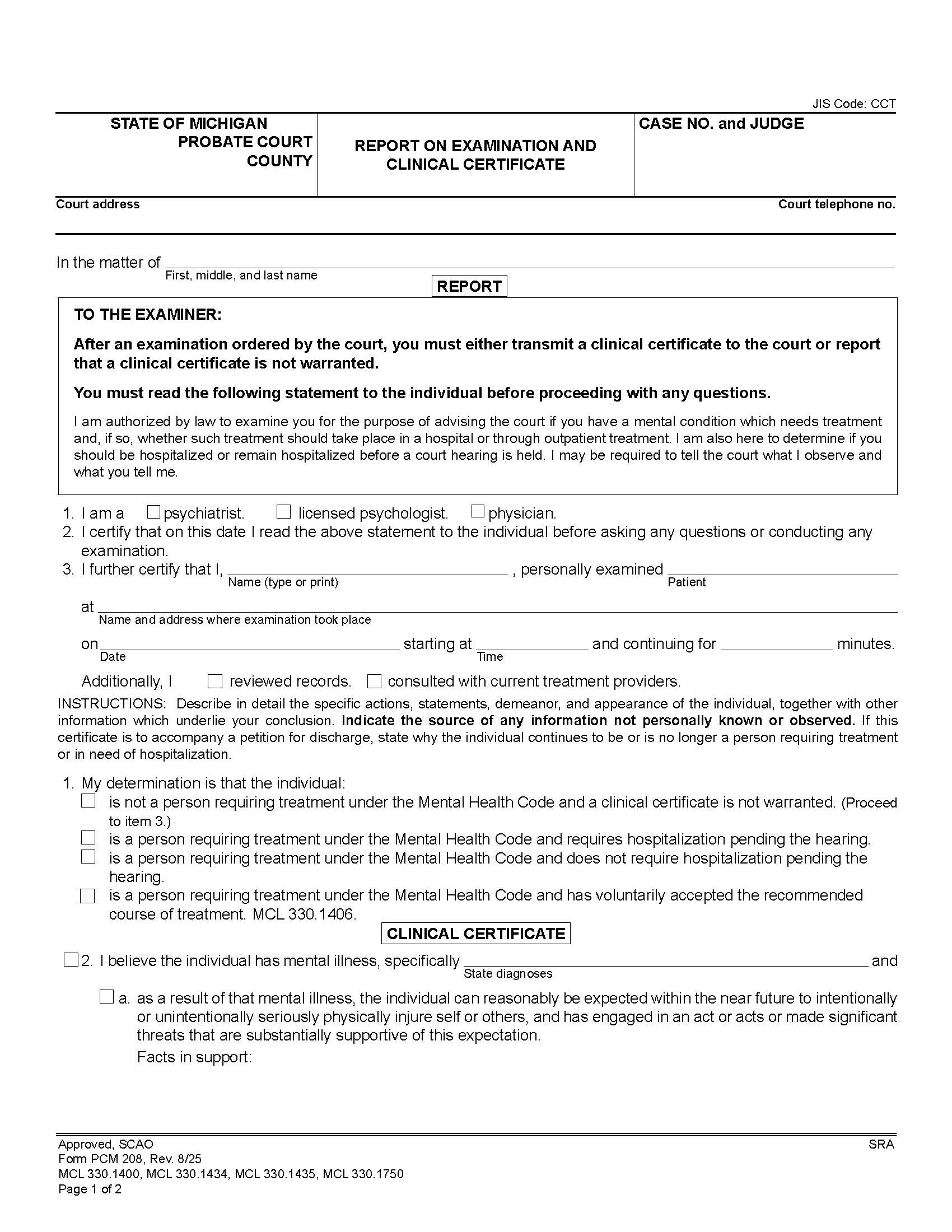 Report On Examination And Clinical Certificate {PCM 208} | Pdf Fpdf Docx | Michigan