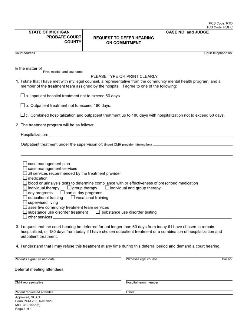 Request To Defer Hearing On Commitment {PCM 235} | Pdf Fpdf Docx | Michigan