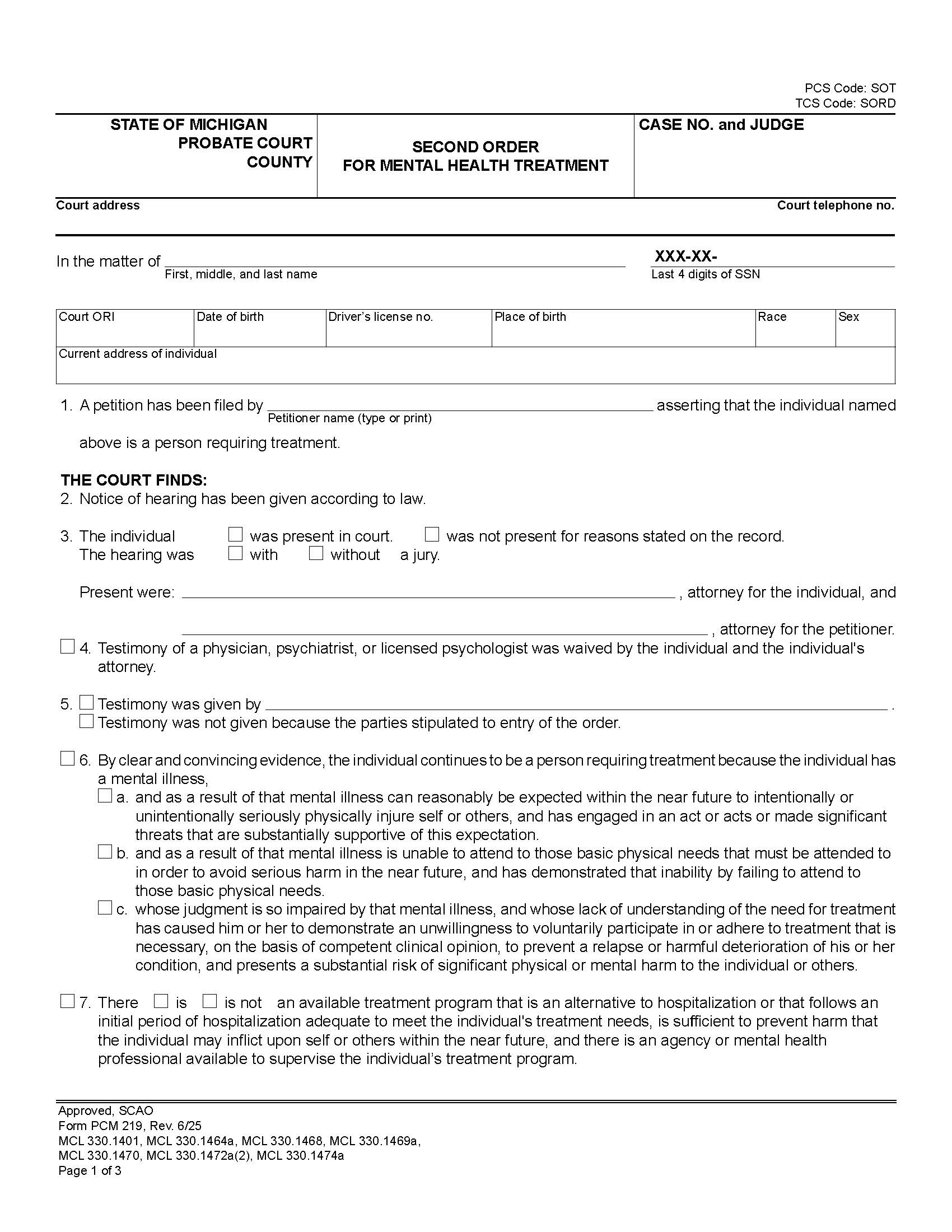 Second Order For Mental Treatment {PCM 219} | Pdf Fpdf Docx | Michigan