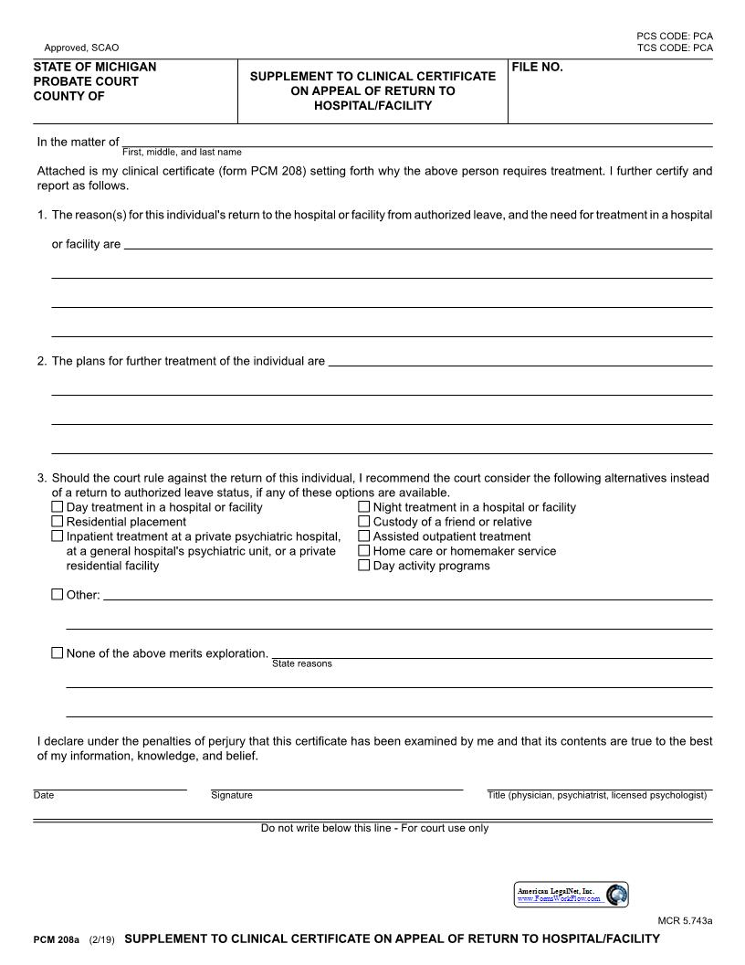 Supplement To Clinical Certificate On Appeal Of Return To Hospital {PCM 208a} | Pdf Fpdf Docx | Michigan