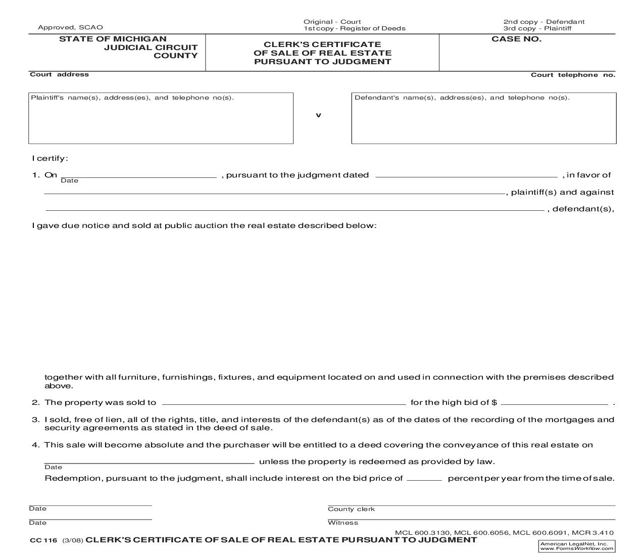 Clerks Certificate Of Sale Of Real Estate Pursuant To Judgment {CC 116} | Pdf Fpdf Doc Docx | Michigan