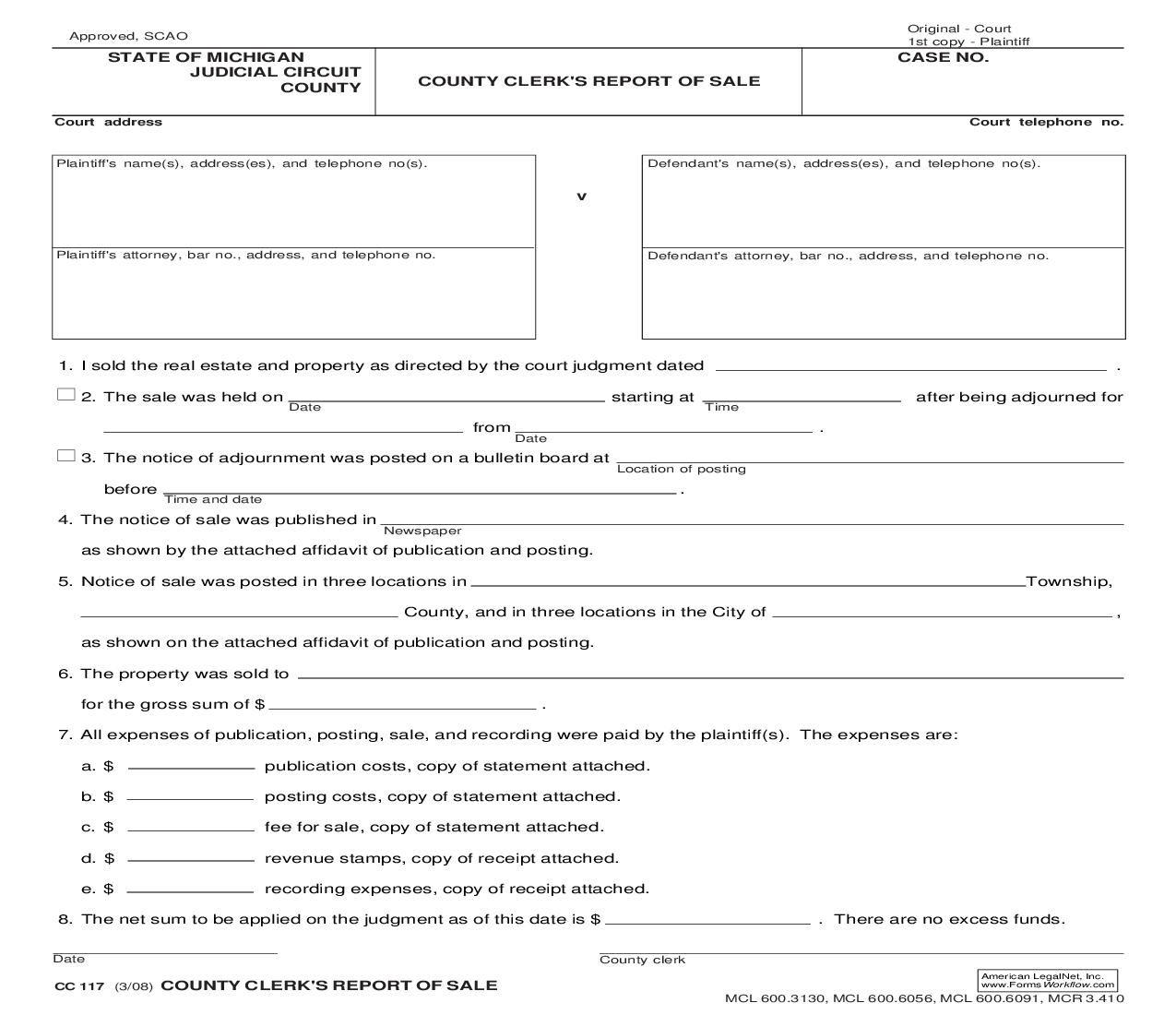 County Clerks Report Of Sale {CC 117} | Pdf Fpdf Doc Docx | Michigan