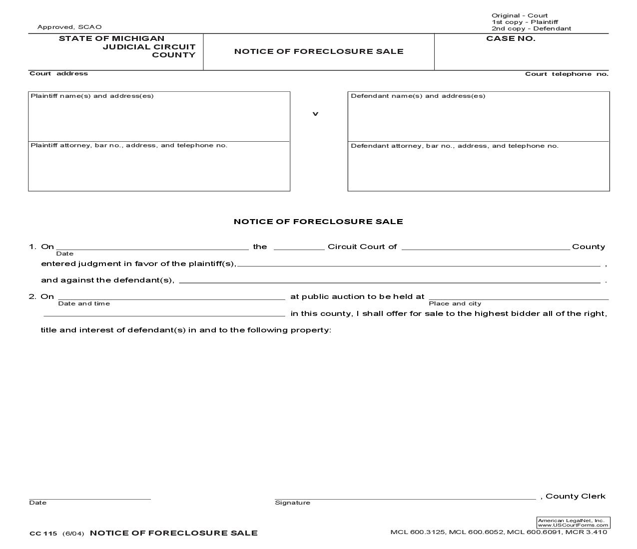 Notice Of Foreclosure Sale {CC 115} | Pdf Fpdf Doc Docx | Michigan