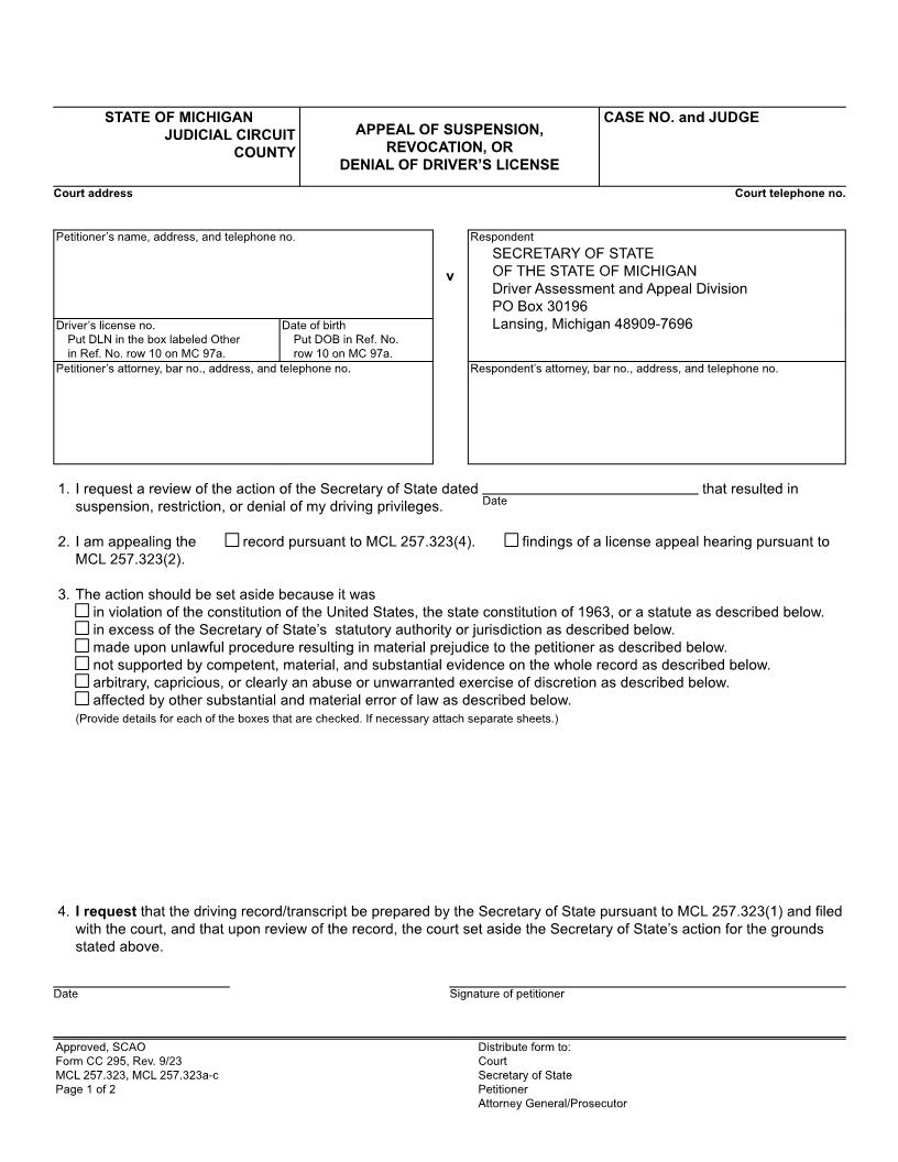 Appeal Of Suspension Revocation Or Denial Of Drivers License {CC 295} | Pdf Fpdf Docx | Michigan