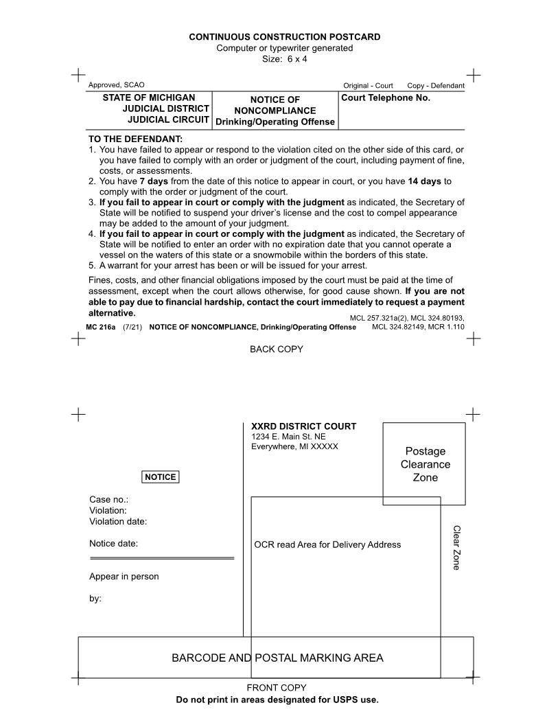 Notice Of Noncompliance Drinking Driving Offense {MC 216a} | Pdf Fpdf Doc Docx | Michigan