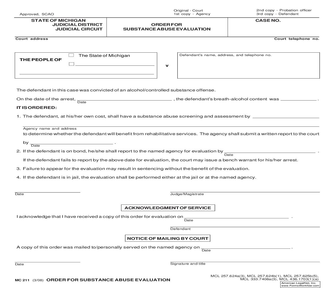 Order For Substance Abuse Evaluation {MC 211} | Pdf Fpdf Doc Docx | Michigan