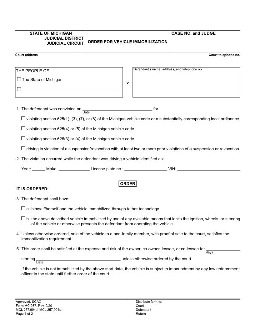 Order For Vehicle Immobilization {MC 267} | Pdf Fpdf Docx | Michigan