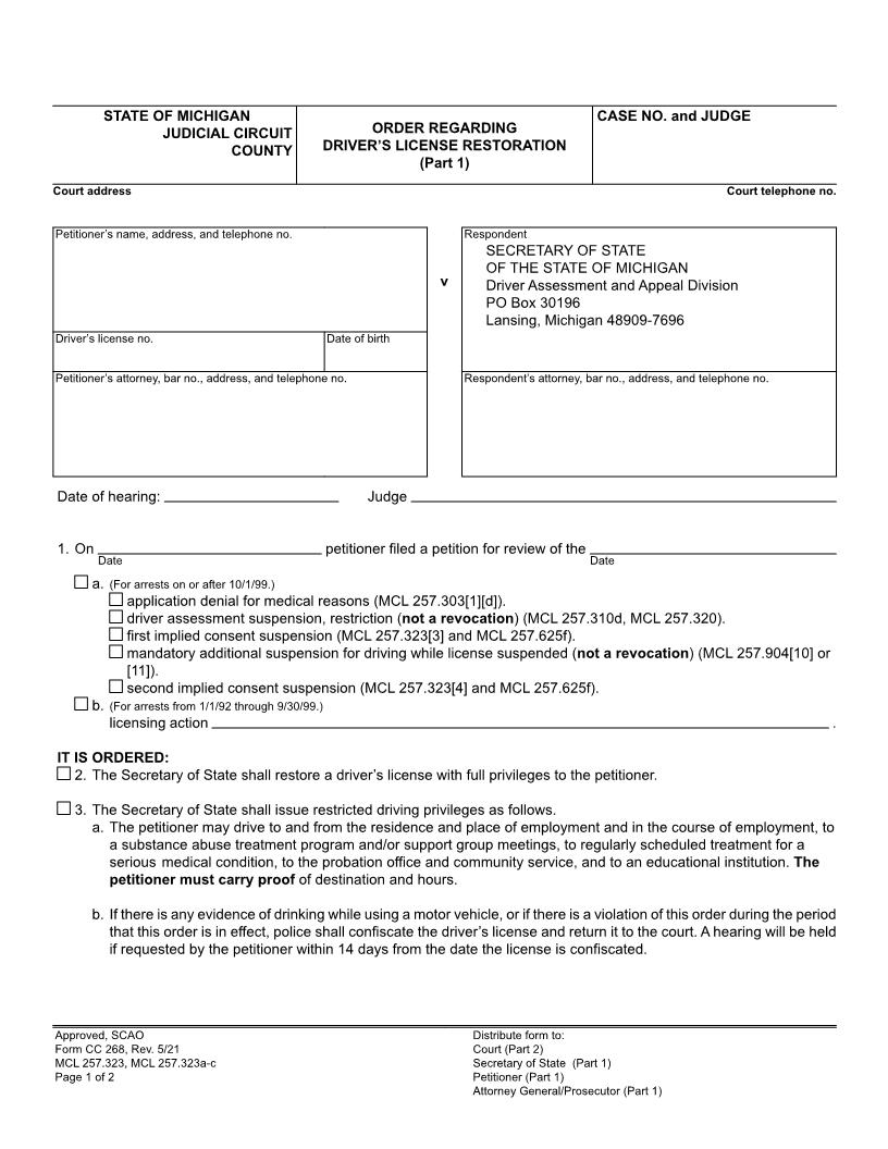Order Regarding Driver License Restoration {CC 268} | Pdf Fpdf Doc Docx | Michigan