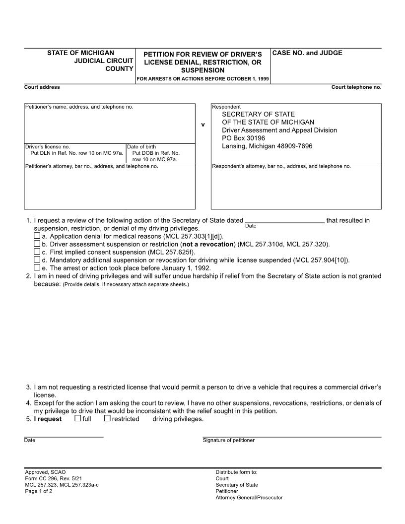 Petition For Review Of Drivers License Denial (Before 10-1-99) {CC 296} | Pdf Fpdf Docx | Michigan