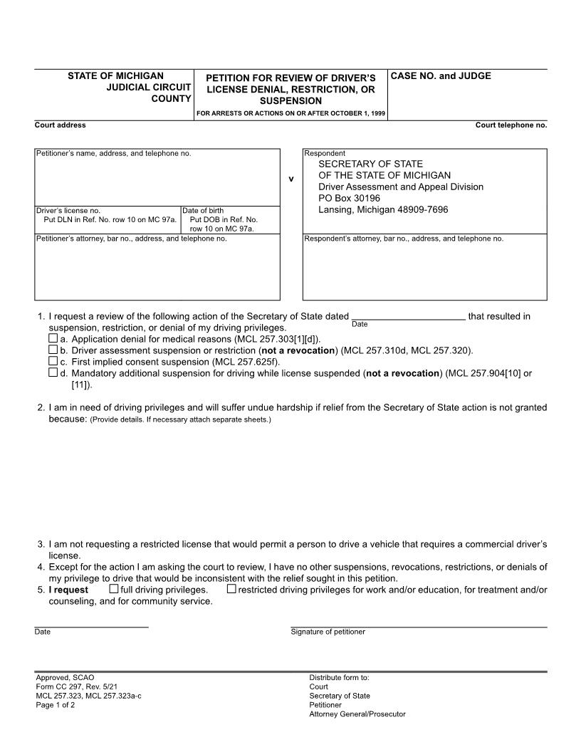 Petition For Review Of Drivers License Denial (On Or After 10-1-99) {CC 297} | Pdf Fpdf Docx | Michigan