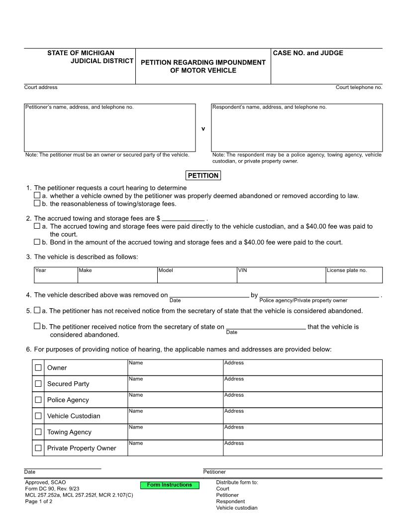 Petition Regarding Impoundment Of Motor Vehicle Or Seizure Of Motorcycle {DC 90} | Pdf Fpdf Docx | Michigan