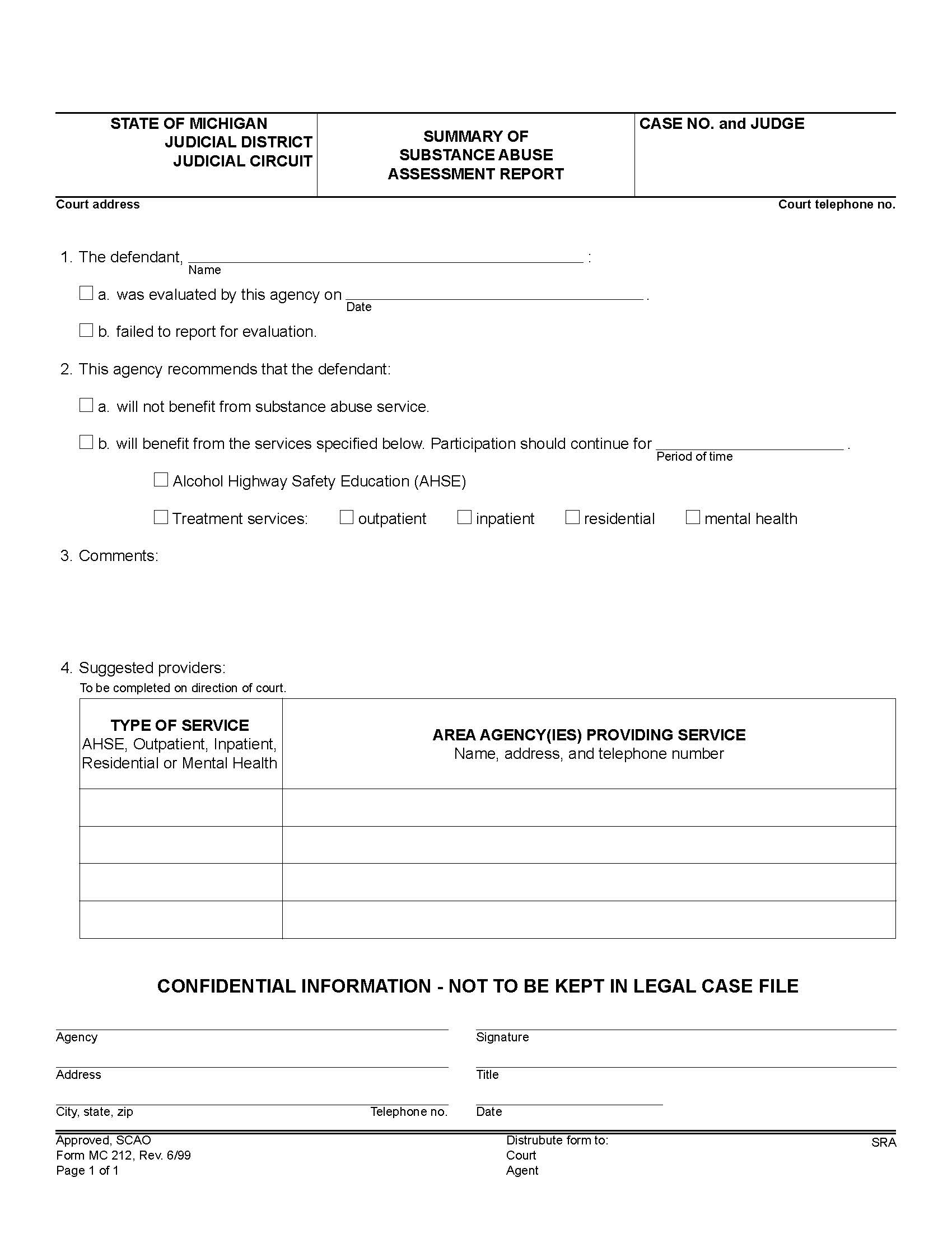 Summary Of Substance Abuse Assessment Report {MC 212} | Pdf Fpdf Doc Docx | Michigan