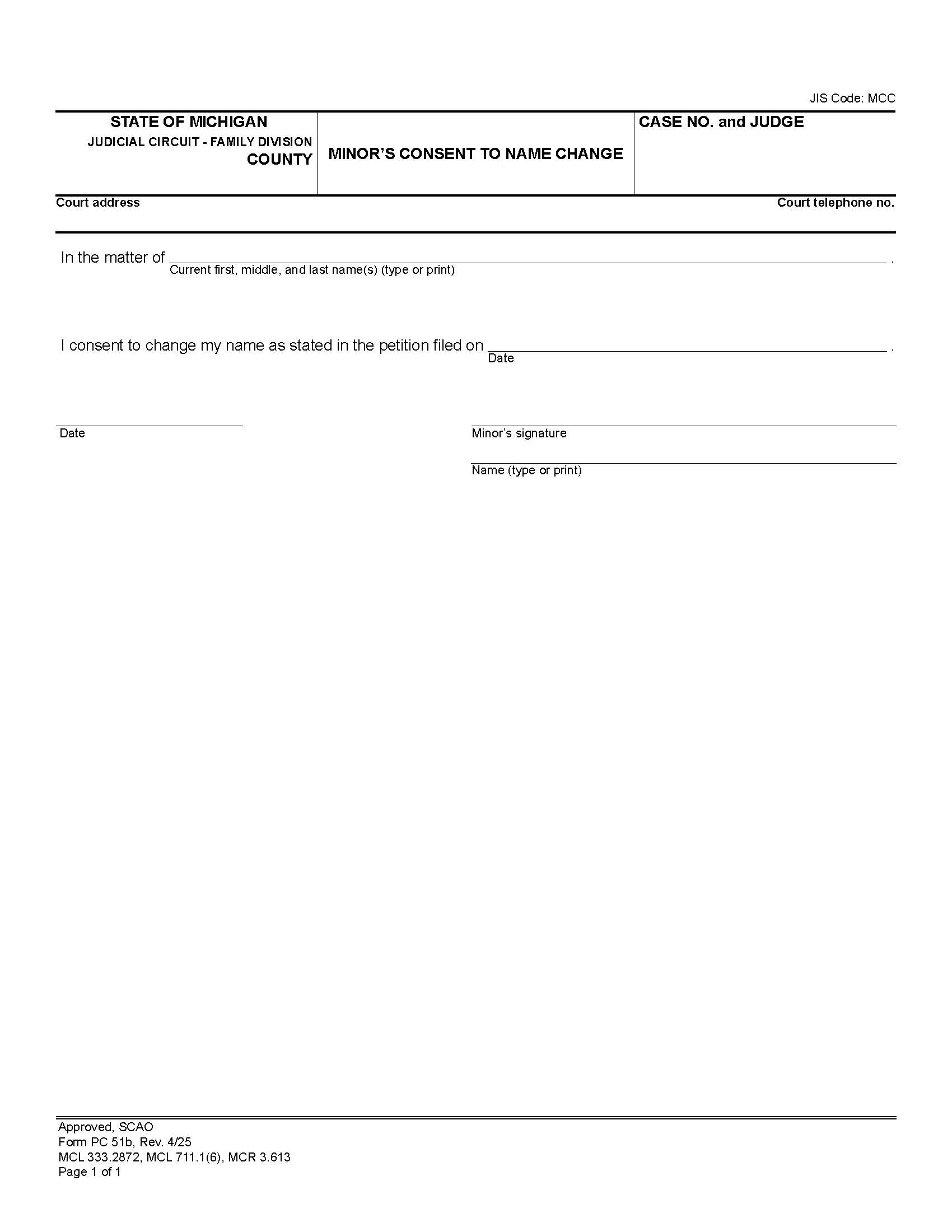 Minors Consent To Change Name {PC 51b} | Pdf Fpdf Doc Docx | Michigan