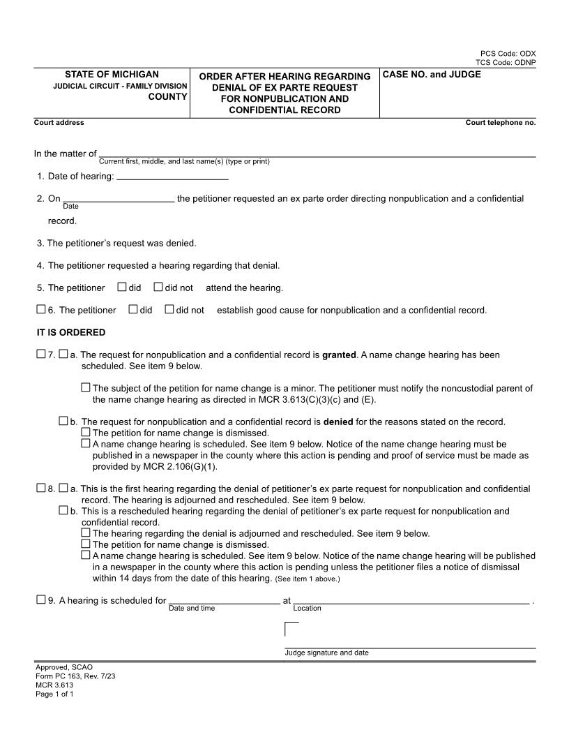 Order After Hearing Regarding Denial Of Ex Parte Request For Nonpublication And Confidential Record {PC 163} | Pdf Fpdf Docx | Michigan