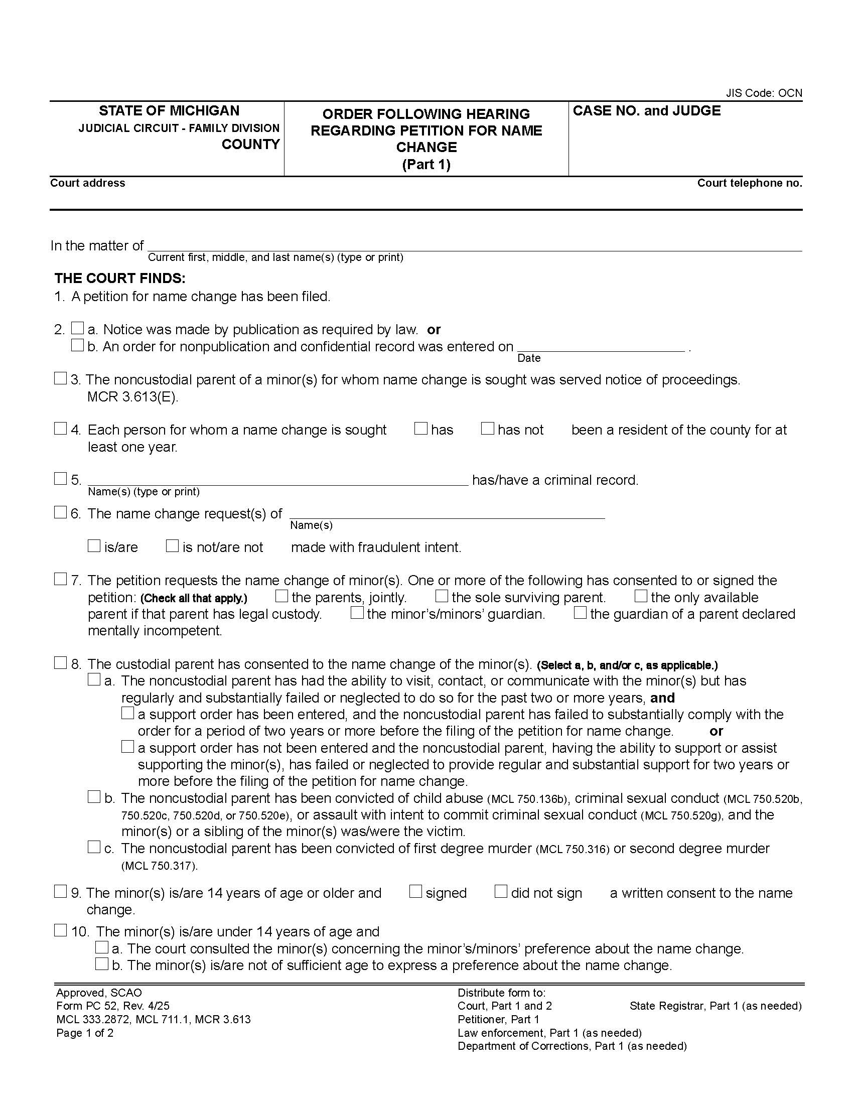 Order Following Hearing On Petition To Change Name {PC 52} | Pdf Fpdf Doc Docx | Michigan