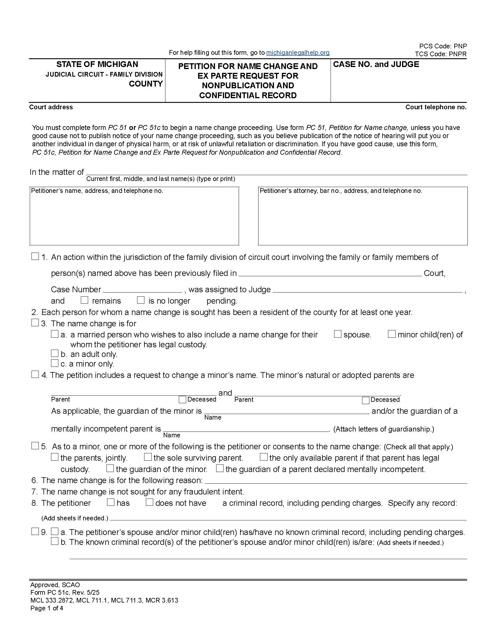 Petition For Name Change And Ex Parte Request For Nonpublication And Confidential Record {PC 51c} | Pdf Fpdf Docx | Michigan