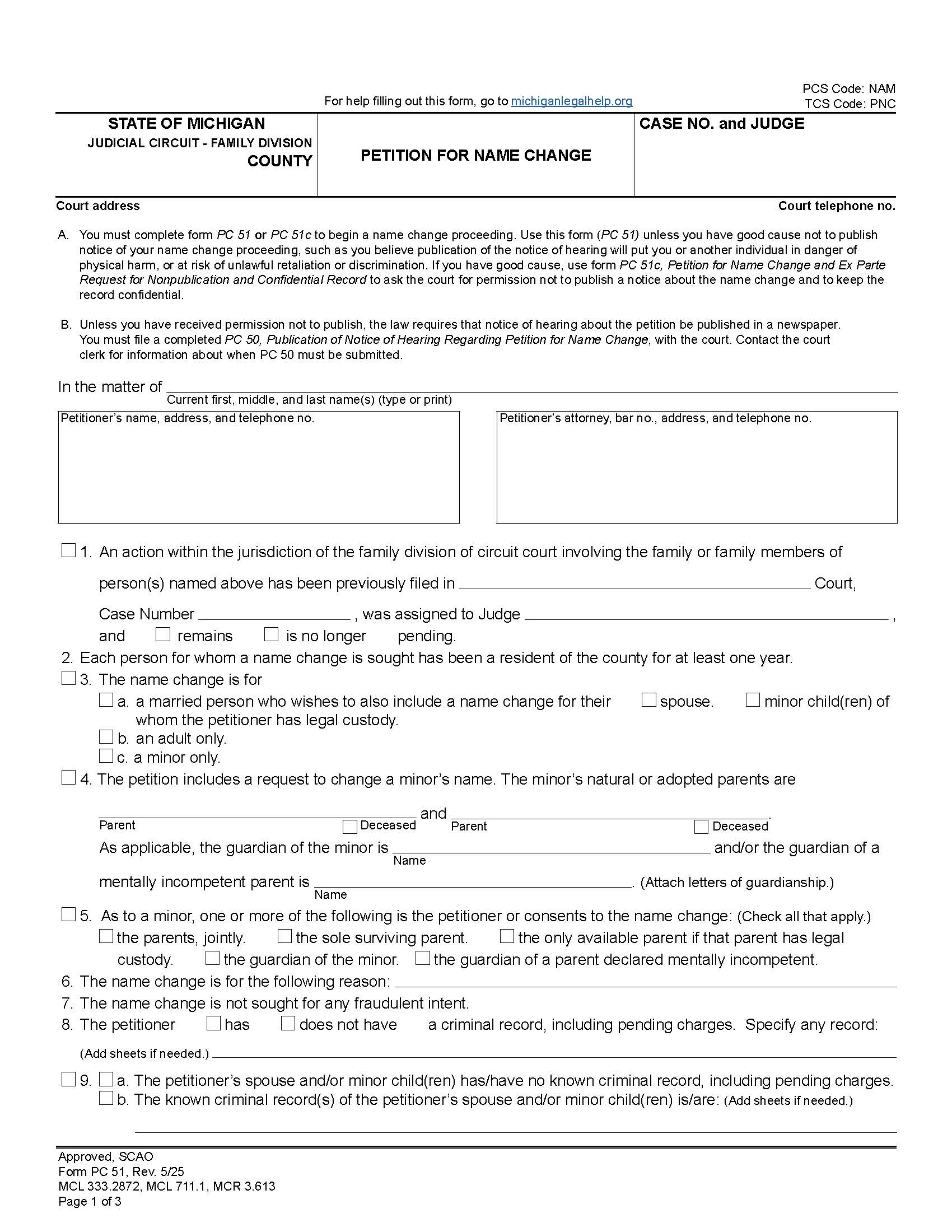 Petition To Change Name {PC 51} | Pdf Fpdf Docx | Michigan