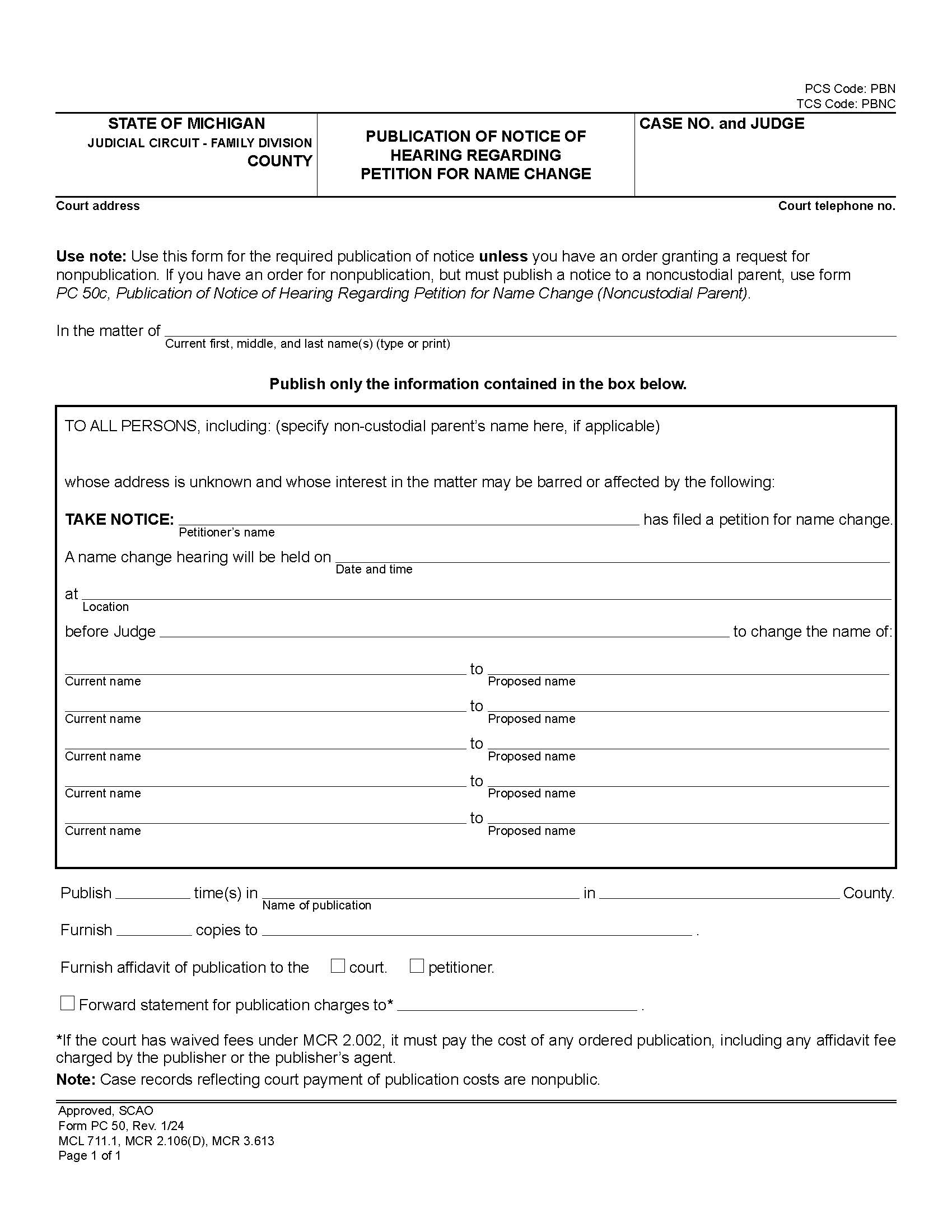 Publication Of Notice Of Hearing For Name Change {PC 50} | Pdf Fpdf Docx | Michigan
