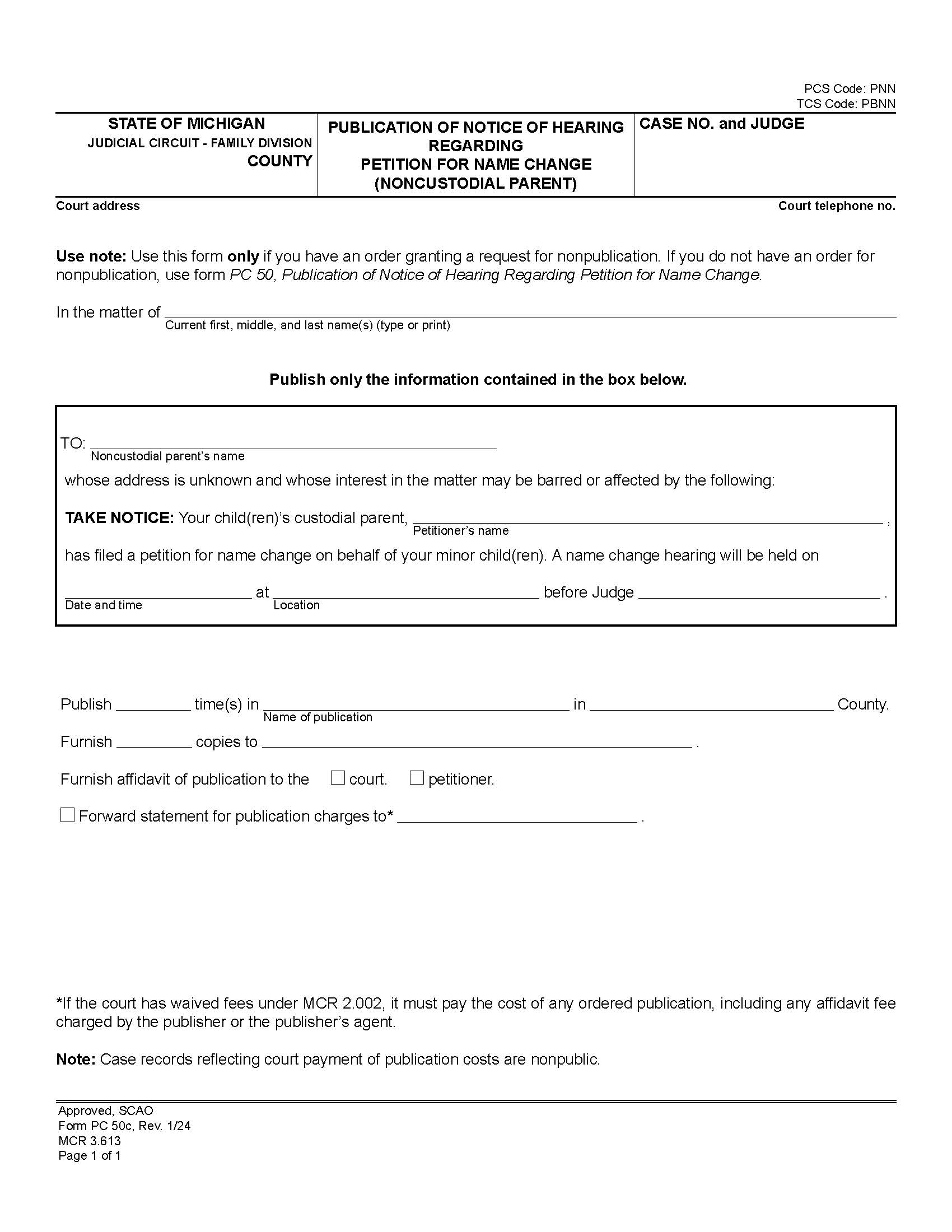 Publication Of Notice Of Hearing Regarding Petition For Name Change (Noncustodial Parent) {PC 50c} | Pdf Fpdf Docx | Michigan