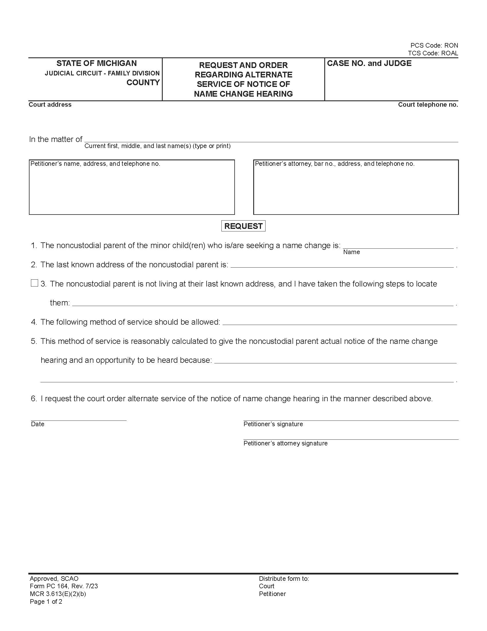 Request And Order Regarding Alternate Service Of Notice Of Name Change Hearing {PC 164} | Pdf Fpdf Docx | Michigan
