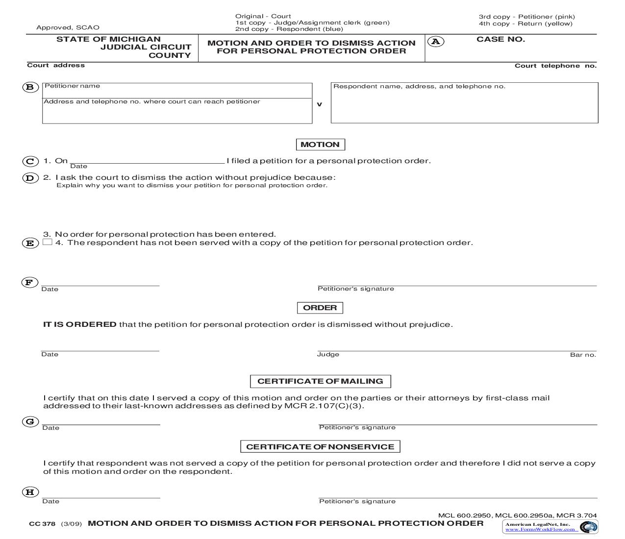 Motion And Order To Dismiss Action For Personal Protection Order {CC 378} | Pdf Fpdf Doc Docx | Michigan