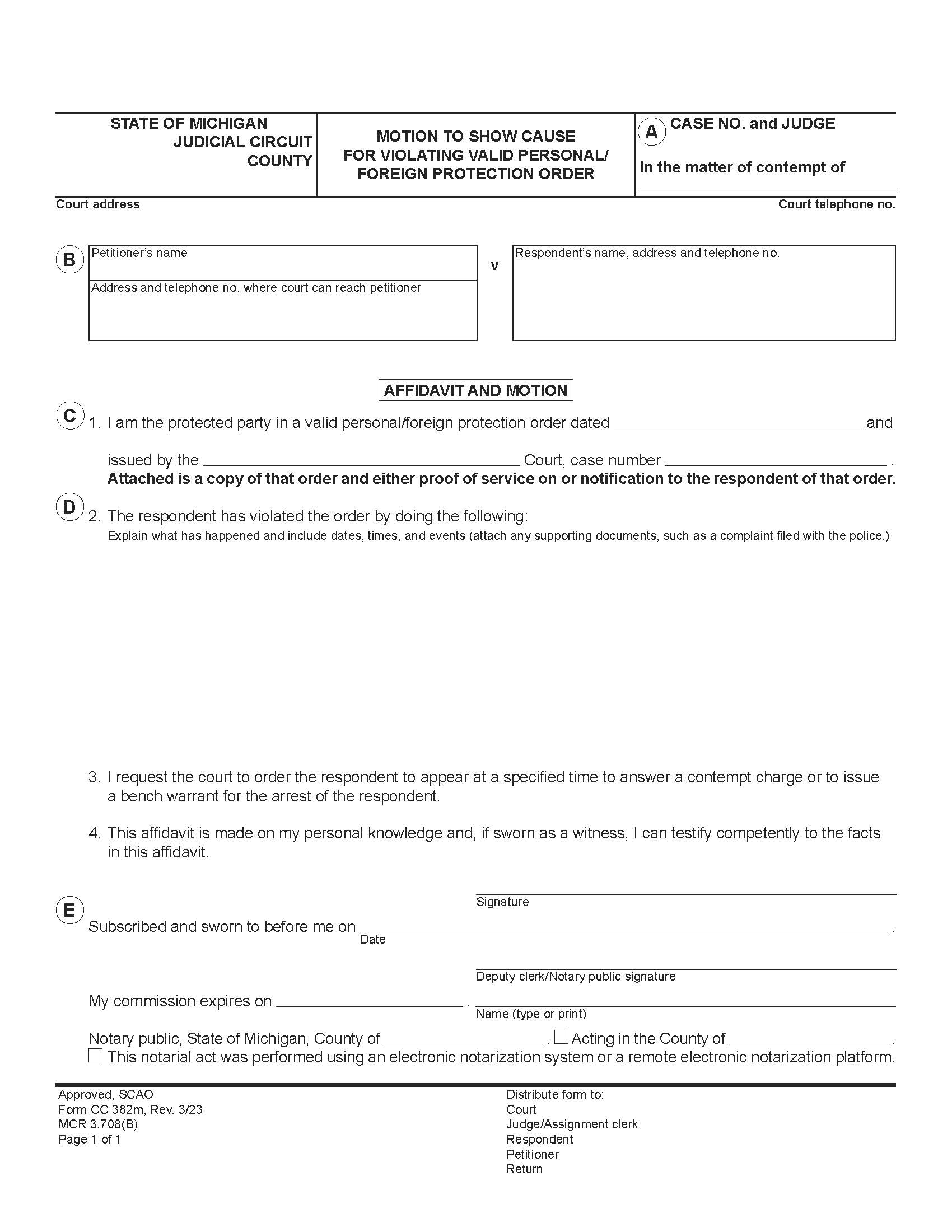 Motion And Order To Show Cause For Violating Valid Personal Or Foreign Protection Order {CC 382} | Pdf Fpdf Docx | Michigan