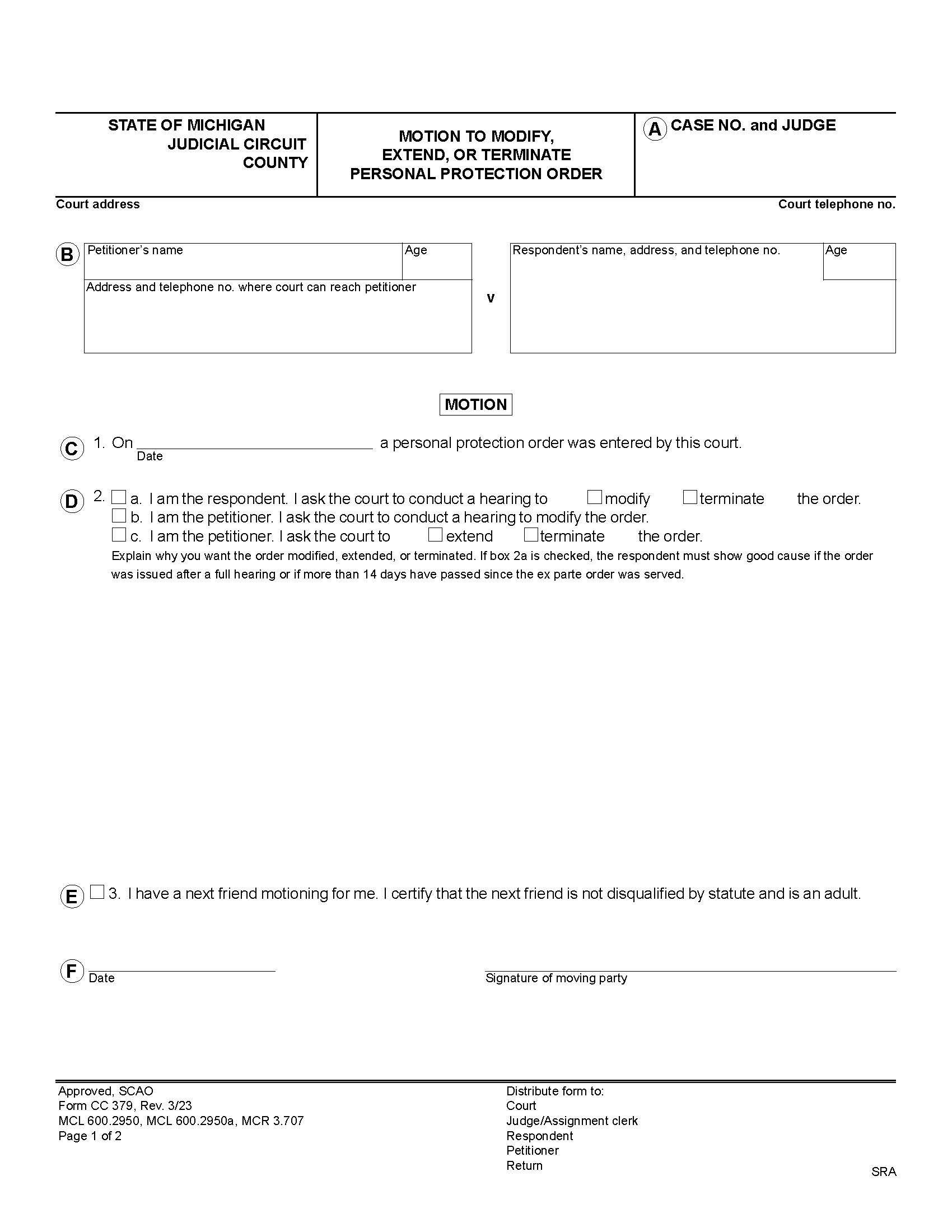 Motion To Modify Extend Or Terminate Personal Protection Order {CC 379} | Pdf Fpdf Doc Docx | Michigan