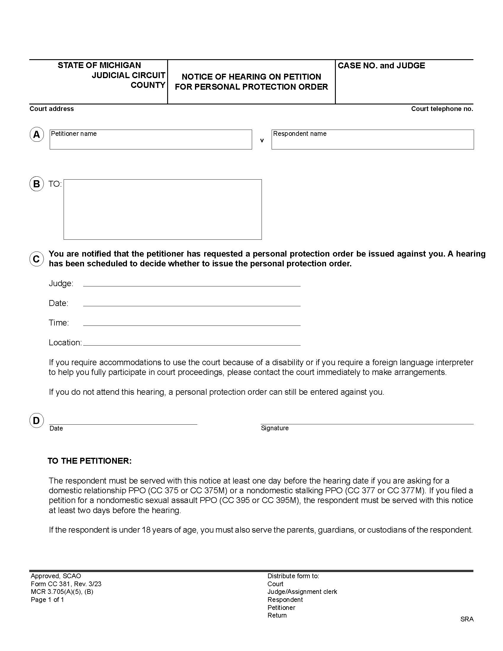 Notice Of Hearing On Petition For Personal Protection Order {CC 381} | Pdf Fpdf Doc Docx | Michigan