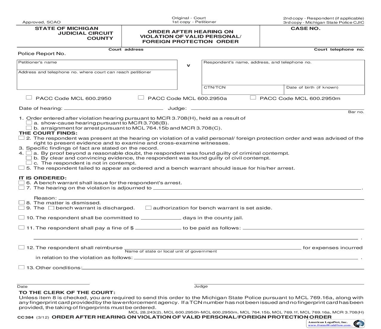Order After Hearing On Show Cause For Violating Valid Personal Or Foreign Protection Order {CC 382a} | Pdf Fpdf Doc Docx | Michigan