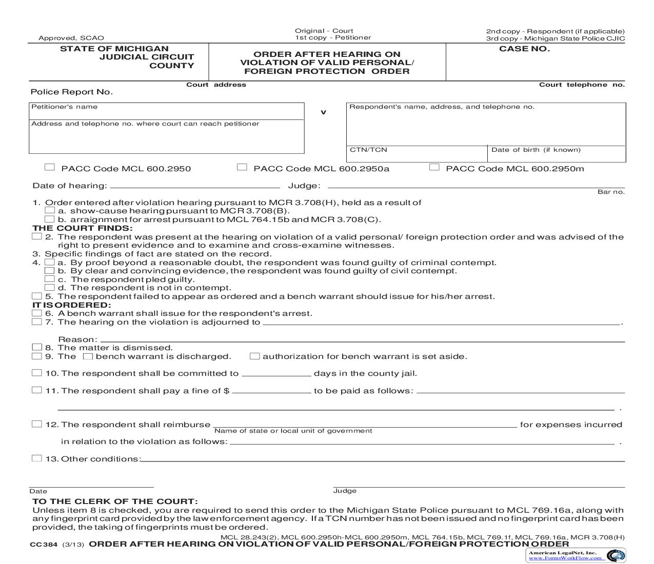 Order After Hearing On Violation Of Valid Personal Or Foreign Protection Order {CC 384} | Pdf Fpdf Doc Docx | Michigan