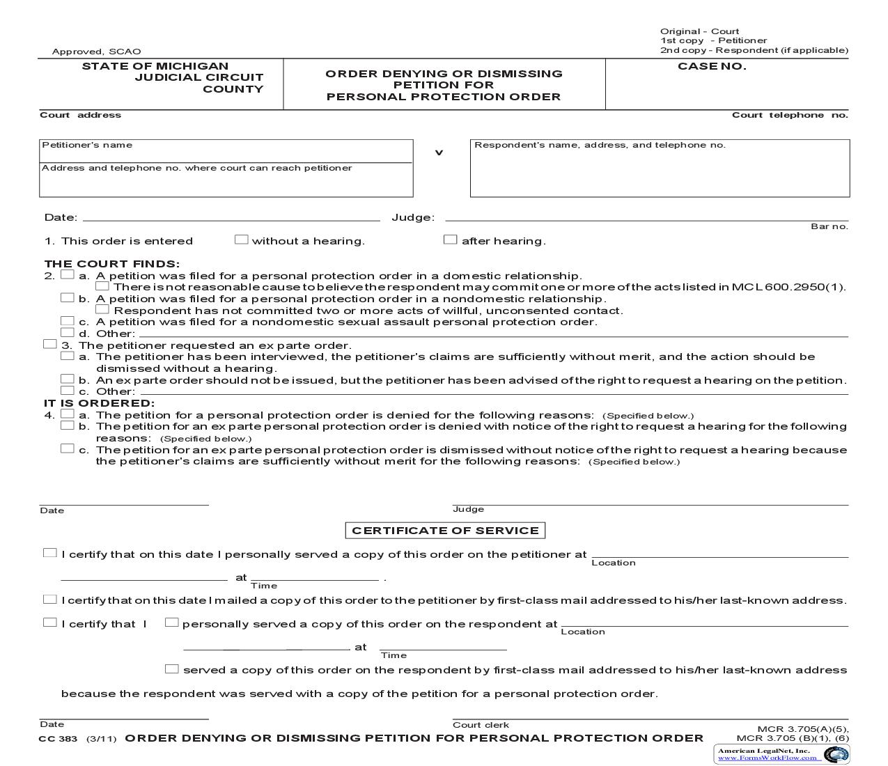 Order Denying Or Dismissing Petition For Personal Protection Order {CC 383} | Pdf Fpdf Doc Docx | Michigan
