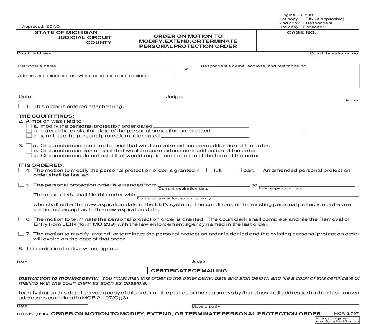 Order On Motion To Modify Extend Terminate Personal Protection Order {CC 385} | Pdf Fpdf Doc Docx | Michigan
