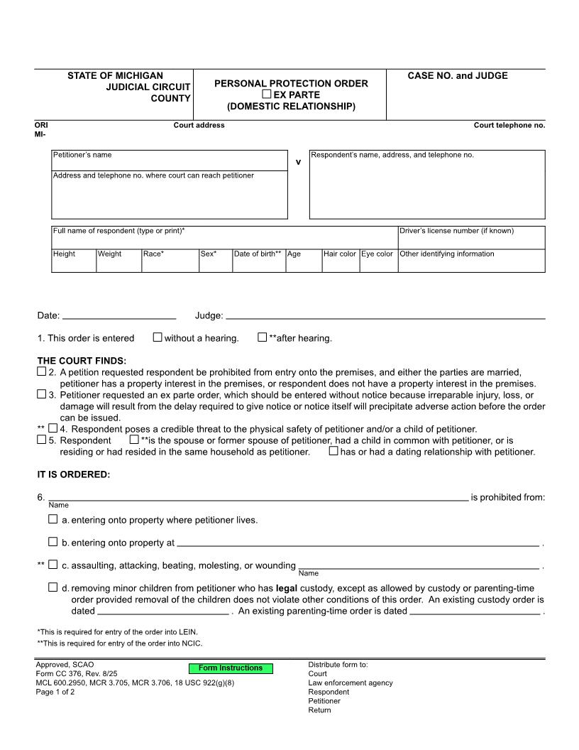 Personal Protection Order (Domestic Relationship) {CC 376} | Pdf Fpdf Doc Docx | Michigan