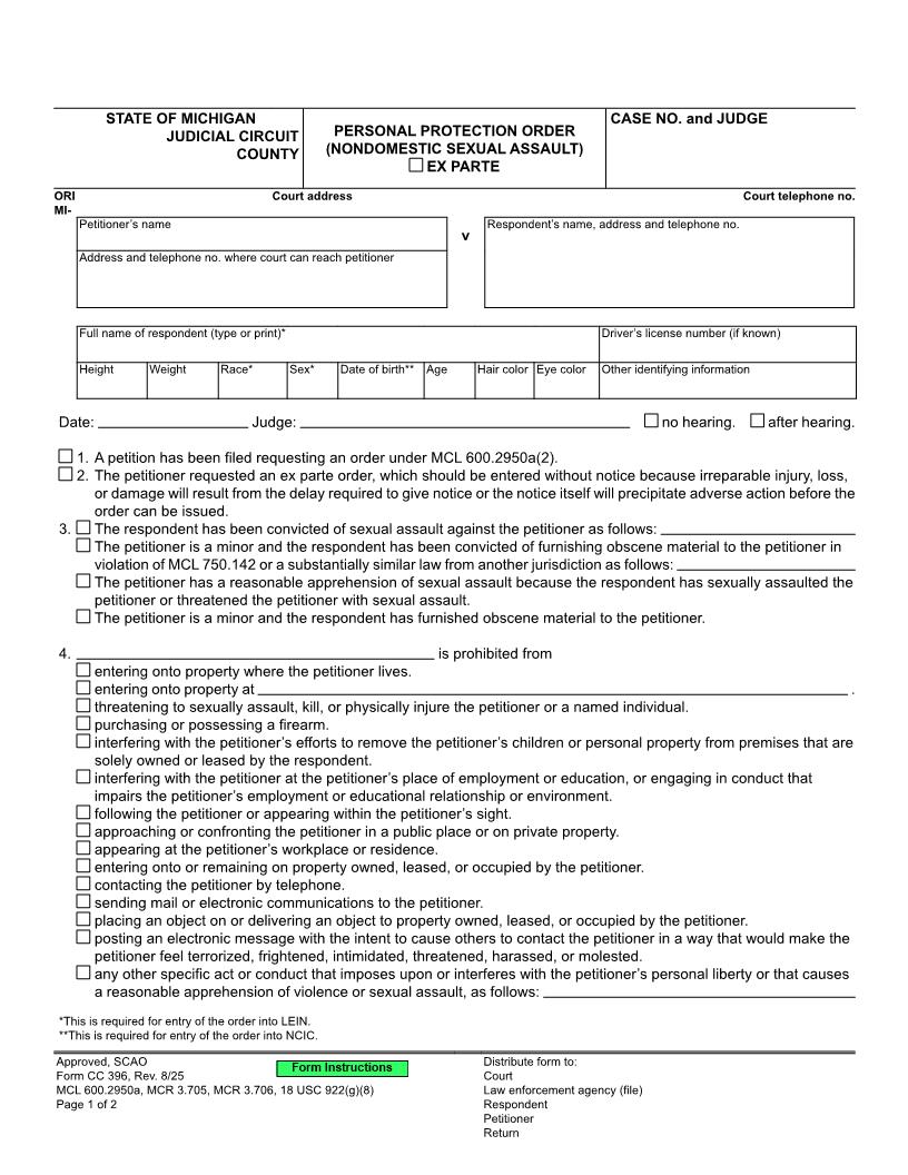 Personal Protection Order (Nondomestic Sexual Assault) {CC 396} | Pdf Fpdf Doc Docx | Michigan
