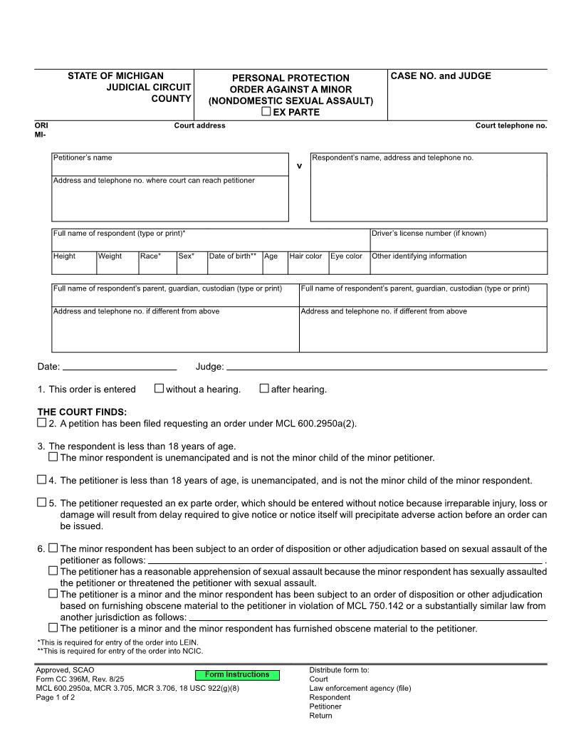 Personal Protection Order Against A Minor {CC 396M} | Pdf Fpdf Doc Docx | Michigan