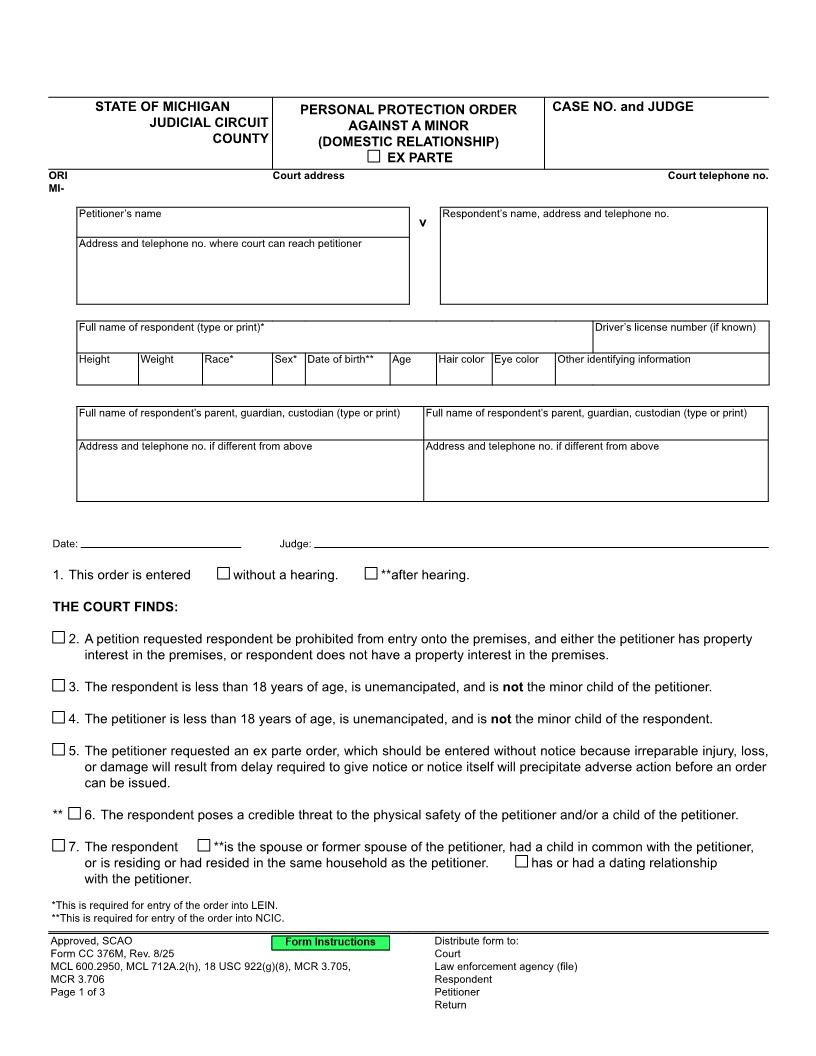 Personal Protection Order Against A Minor (Domestic Relationship) {CC 376M} | Pdf Fpdf Doc Docx | Michigan