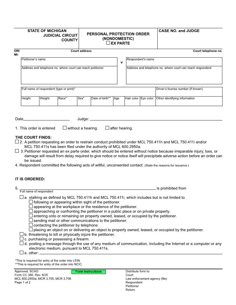 Personal Protection Order Against Stalking (Non Domestic Relationship) {CC 380} | Pdf Fpdf Doc Docx | Michigan